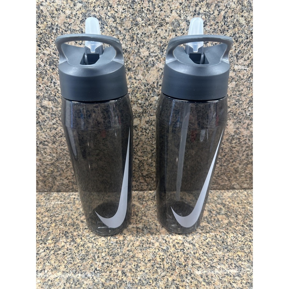 Nike Water Bottle 32 Oz Gray Straw Lid Lot 2 Plastic Reusable Dishwasher Safe